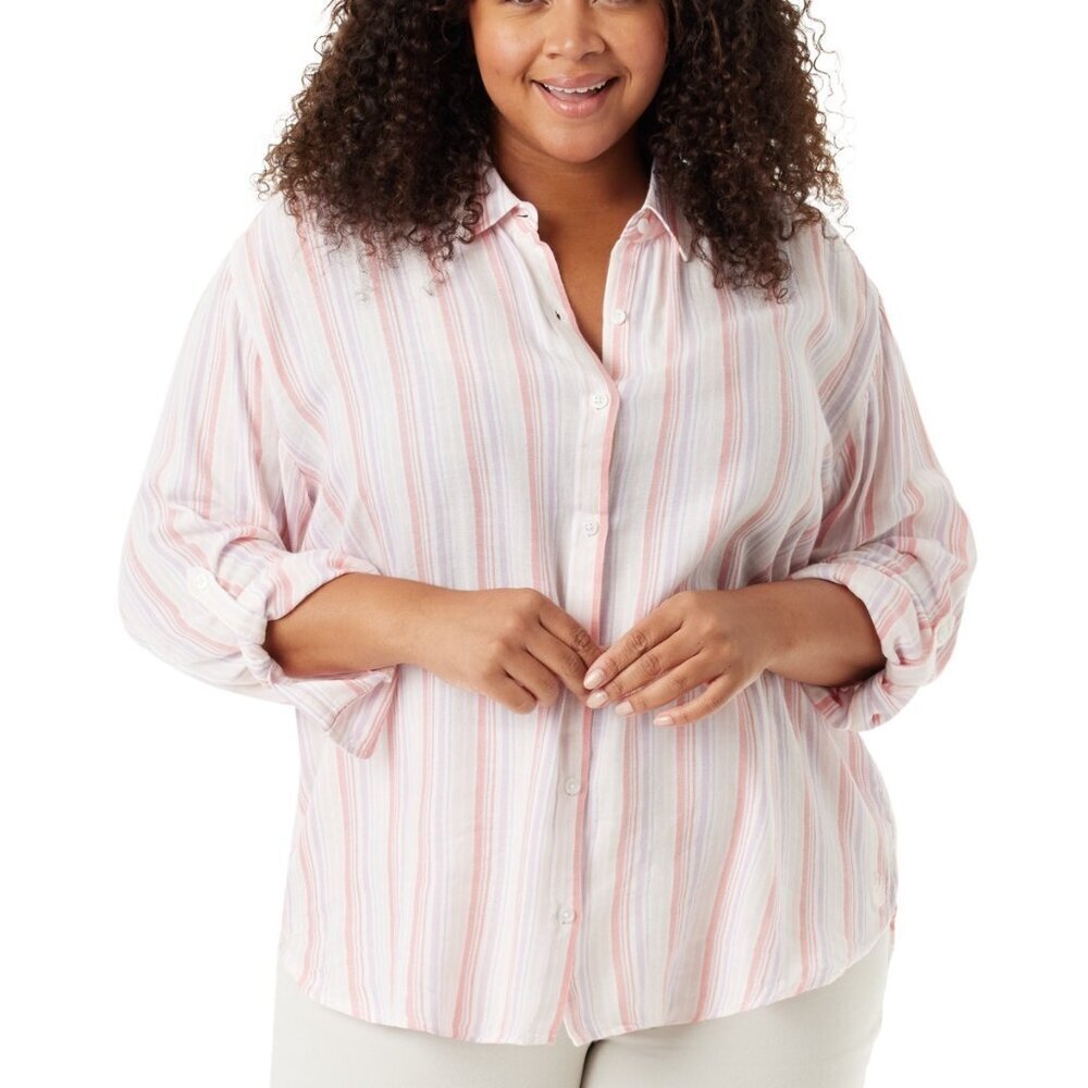 Gloria Vanderbilt Plus Size Amanda Shirt - Greeting Stripe Pink Dogwood NWT 1X